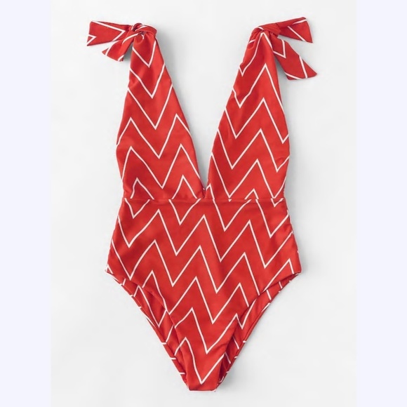 Red Chevron One Piece Deep V-neck Swimsuit - Picture 2 of 5